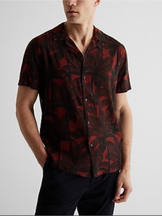 Express Other - Express Men’s Short Sleeve Palm-Print Button Down Shirt in Rust and Black